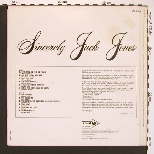 Jones,Jack: Sincerely, vg+/m-, Coral(CPS 89), UK, 72 - LP - A2091 - 5,00 Euro