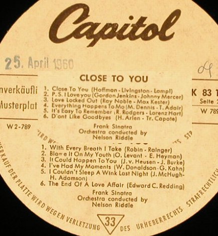 Sinatra,Frank: Close To You-cond.N.Riddle, NoCover, Capitol-Musterplatte(K 83 188), D,vg+/--, 1960 - LP - H5518 - 9,00 Euro