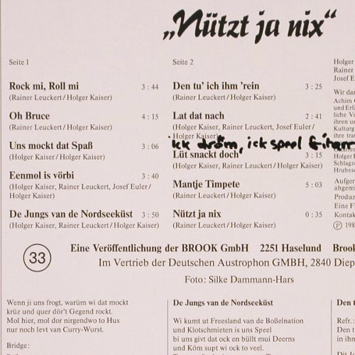Husum: Nützt Ja Nix (Rock Op Platt), Brook (6 515), D, 1986 Typ: LP Best.-Nr.: V2159 Preis: 9,00 Euro