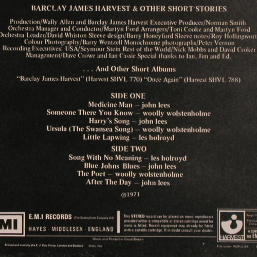 Barclay James Harvest: And Other Short Stories, Foc, Harvest(SHVL 794), UK,m /vg+, 1971 - LP - V3557 - 30,00 Euro