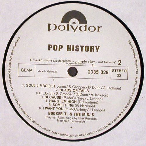 Booker T. & The MG's: Pop History , LP 3/4 of 2 LP, Polydor Musterplatte (2335 029), D, NoCover, 1970 Typ: LP Best.-Nr.: V3698 Preis: 9,00 Euro