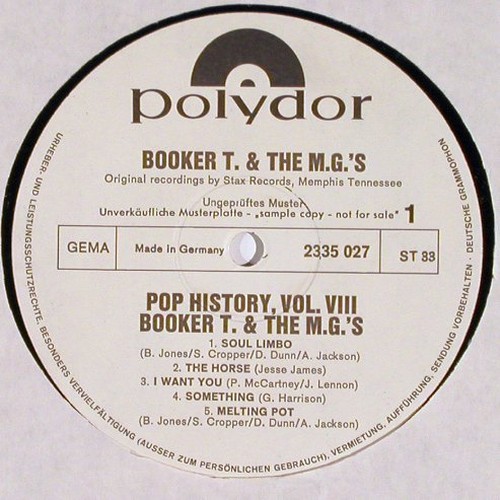 Booker T. & The MG's: Pop History Vol. 8, LP 3/4 of 2LP, Polydor Musterplatte (2335 027), D, NoCover, 1970 Typ: LP Best.-Nr.: V3699 Preis: 9,00 Euro