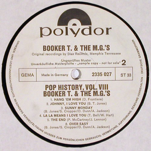 Booker T. & The MG's: Pop History Vol. 8, LP 3/4 of 2LP, Polydor Musterplatte (2335 027), D, NoCover, 1970 Typ: LP Best.-Nr.: V3699 Preis: 9,00 Euro