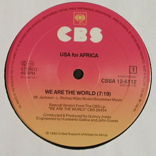USA For Africa: We Are The World+1, CBS(A 12-6112), NL, 1985 - 12inch - V7459 - 3,00 Euro