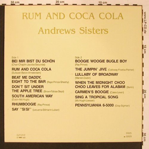 Andrews Sisters: Rum And Coca Cola, All Round Trading(31025), DK,vg+/m-, 1985 - LP - X8780 - 5,00 Euro