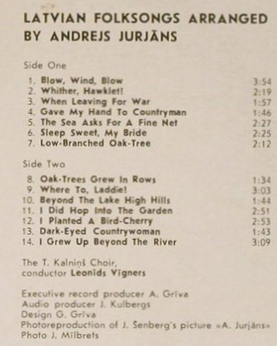 Jurjans,Andrejs: Latvian Folksongs arranged by, Melodia(C30-16391-2), UDSSR, 1981 - LP - H2232 - 7,50 Euro