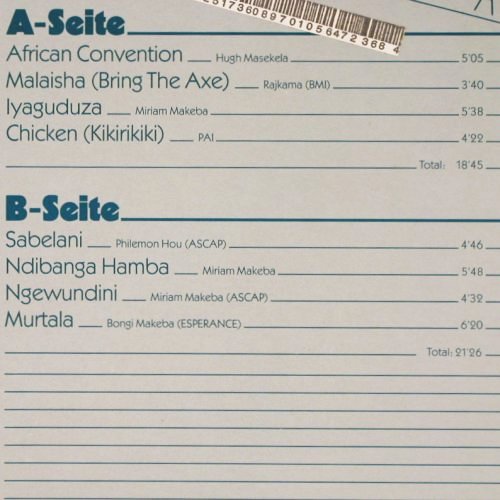Makeba,Miriam: African Convention, Pläne (88201), D, 1980 Typ: LP Best.-Nr.: V2281 Preis: 9,00 Euro