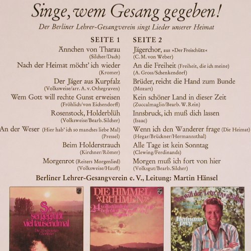 Berliner Lehrergesangsverein: singt Lieder unserer Heimat, Philips(843 998 PY), D,  - LP - Y4526 - 9,00 Euro