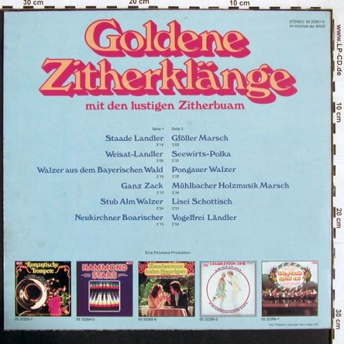 Zitterbuam:&nbsp;Goldene Zitherklänge mit den(instr), Punkt (05 22267-5), D, 1974 Typ:&nbsp;LP Best.-Nr.:&nbsp;Y59 Preis:&nbsp; 6,00 Euro