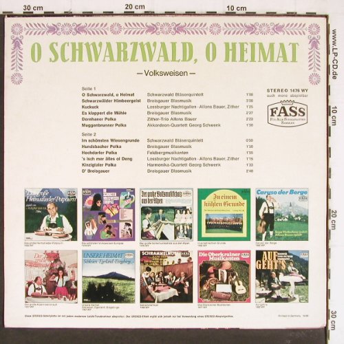 V.A.O Schwarzwald, O Heimat: Volksweisen, A.Bauer... Breisgauer, FASS(1476 WY), D, 1968 - LP - Y7459 - 5,00 Euro