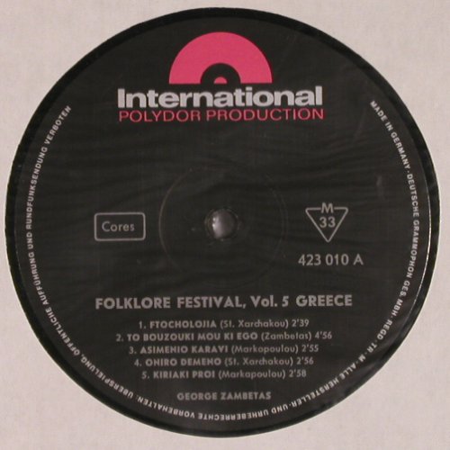 V.A.Folklore Festival: Vol. 5 - Greece, George Zambetas, Polydor International(84 029), D, Mono, 1965 - LP - Y7634 - 7,50 Euro