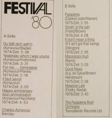 Aznavour,Charles/Pasaena Roof Orch.: Festival'80 "Herrenhäuser", Metronome Sonderauflage(0902.015), D,  - LP - H1668 - 5,00 Euro
