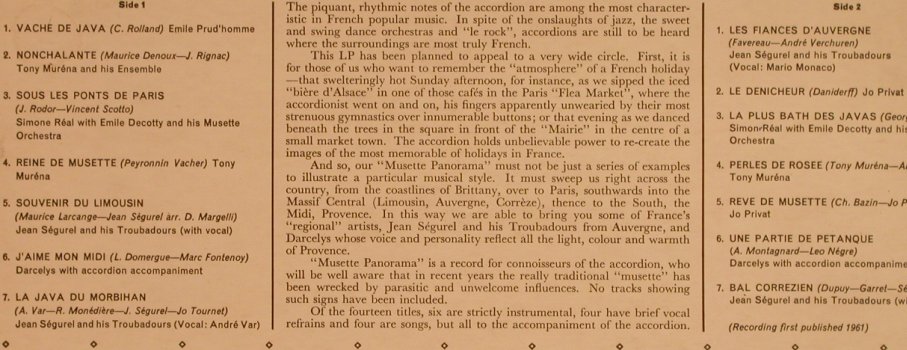 V.A.Musette Panorama: Emile Prud'homme...Jean Segurel, Parlophone(PMC 1167), UK,Mono, 1961 - LP - X1099 - 14,00 Euro