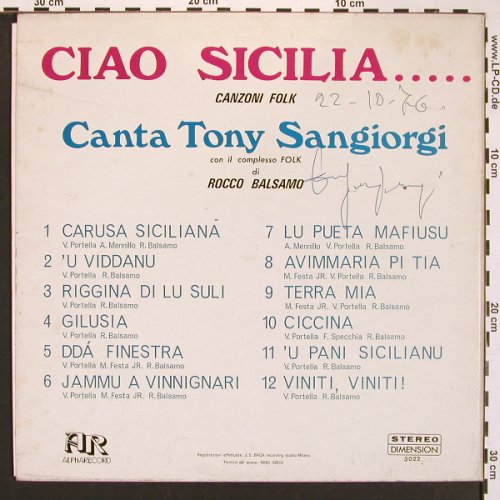 Sangiorgi,Tony: Ciao Sicilia...,Foc, sign., Alpha Records(3022), I, 1975 - LP - X8308 - 6,00 Euro