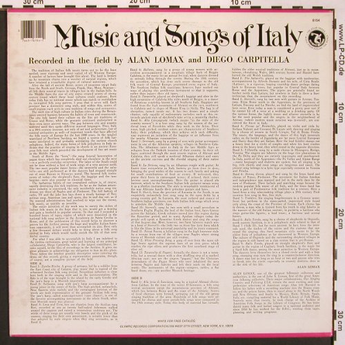 V.A.Music and Songs Of Italy: recorded in the field, Lomax, Carpi, Olympic Records(6154), US, 22Tr., 1979 - LP - X8613 - 7,50 Euro