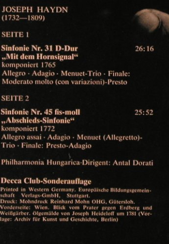 Haydn,Joseph: Sinfonien Nr.31 & 45, Club-Ed., Decca(63 114), D, 1972 - LP - K103 - 7,50 Euro