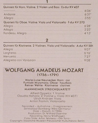 Mozart,Wolfgang Amadeus: Horn-Quitett, KV 407,Oboen-Quartett, Novalis(150 116-1), CH, 1986 - LP - K1200 - 9,00 Euro