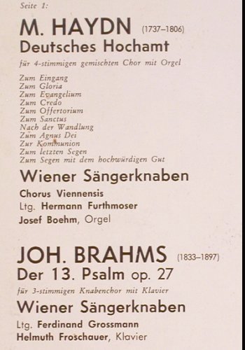 Wiener Sängerknaben:&nbsp;M.Haydn, Brahms, Schubert, Philips (A 02355 L), NL, Mono Typ:&nbsp;LP Best.-Nr.:&nbsp;K1245 Preis:&nbsp; 6,00 Euro