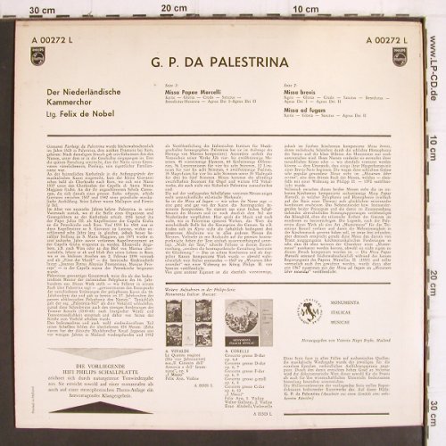 Palestrina,Giovani Pierluigi da:&nbsp;Missa Papae Marcelli, sung in Latin, Philips (A 00272 L), NL, Mono Typ:&nbsp;LP Best.-Nr.:&nbsp;K1269 Preis:&nbsp; 7,50 Euro