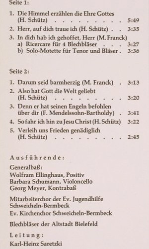 V.A.Motetten alter Meister: H.Schütz,MelchoirFranck,Mendelssohn, SchallplattenEd.Enger (WK 30.007), D, 1972 Typ: LP Best.-Nr.: K1324 Preis: 7,50 Euro