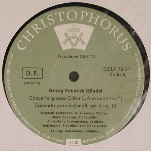 Händel,Georg Friedrich: Concerto Grosso C-dur,Alexanderfest, Christophorus (CGLP 75 741), D,Mono,FLC Typ: LP Best.-Nr.: K1377 Preis: 5,00 Euro
