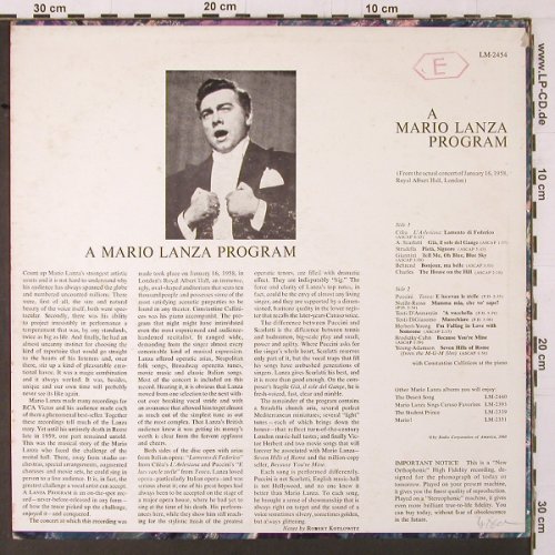 Lanza,Mario: A Mario Lanza Program (live 1958), RCA Victor(LM-2454), US,vg+/vg+, 1960 - LP - K353 - 5,00 Euro
