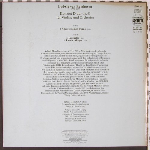 Beethoven,Ludwig van: Violinkonzert D-dur op.61, m-/vg+, Eterna(7 29 263), DDR, 1989 - LP - K620 - 6,00 Euro