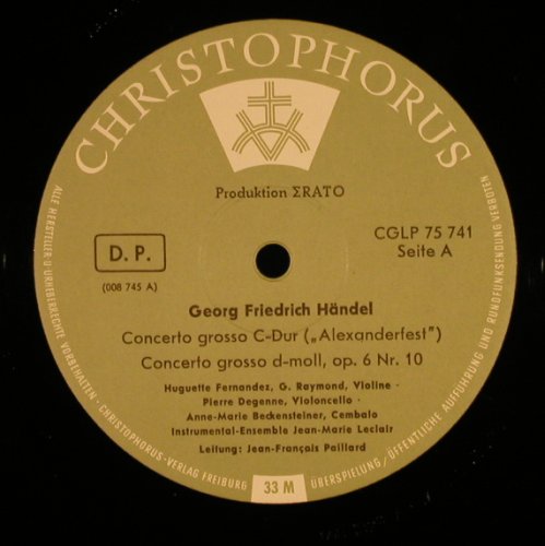 Händel,Georg Friedrich: Concerto Grosso C-dur,Alexanderfest, Christophorus(CGLP 75 741), D,Mono,FLC,  - LP - L1464 - 6,00 Euro