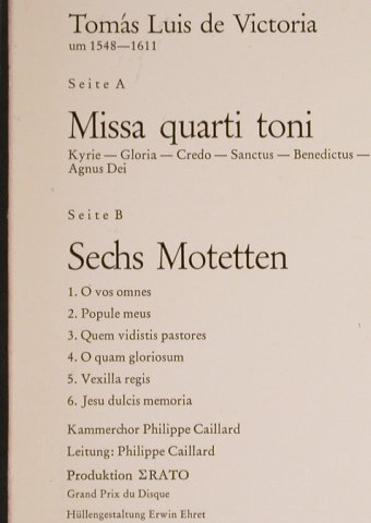 de Victoria,Tomas Luis: Missa Quarti Toni / Sechs Motetten, Christophorus/Erato(CGLP 75 847), D, Mono,  - LP - L1519 - 9,00 Euro