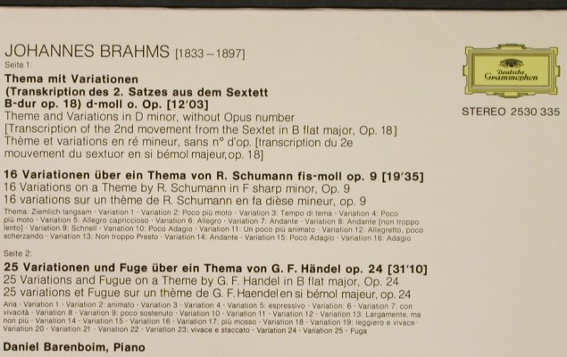 Brahms,Johannes: Variationen für Klavier,D.G.Katalog, D.Gr.(2530 335), D, Foc, 1973 - LP - L2699 - 7,50 Euro