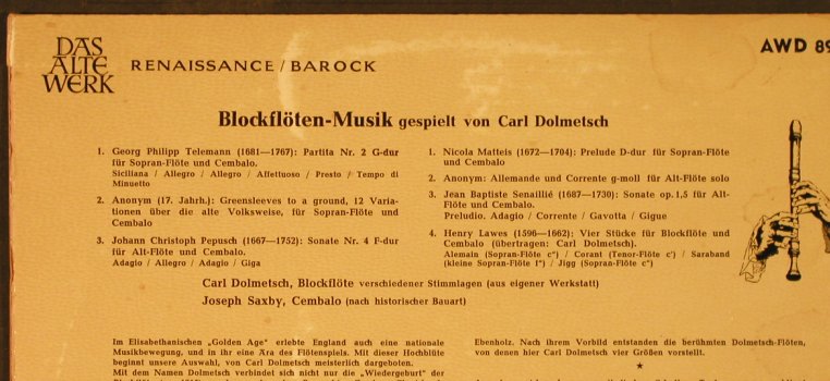 Dolmetsch,Carl: Blockflöten-Musik, Vg+/Vg+, Decca,Das Alte Werk(AW 8903-E), D,  - 10inch - L2749 - 4,00 Euro