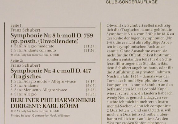 Schubert,Franz: Sinfonie Nr.4 & Nr.8, D.Gr. Club Ed.(26 209-7), D,Ri, 1973 - LP - L2829 - 5,00 Euro