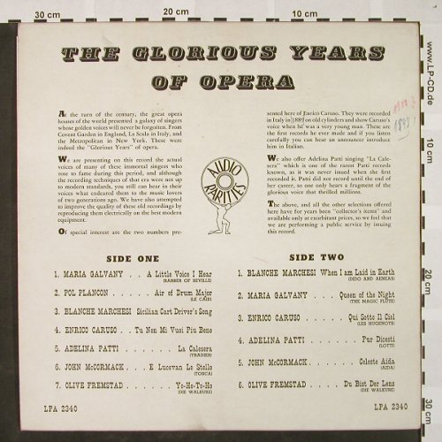 V.A.The Glorious Years Of Opera: 1900-1910-Patti,Caruso,Marchesi..., Audio Rarities/Kinor(LPA 2340), US,VG+/vg+,  - LP - L3181 - 3,00 Euro