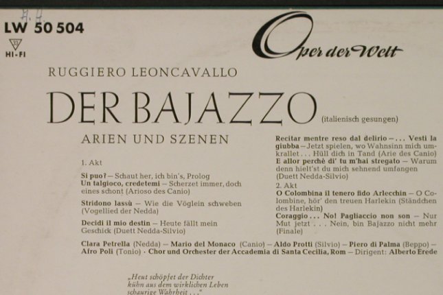 Leoncavallo,Ruggiero: Der Bajazzo - Arien u.Szenen, Decca(LW 50 504), D, stol,  - 10inch - L3305 - 5,00 Euro