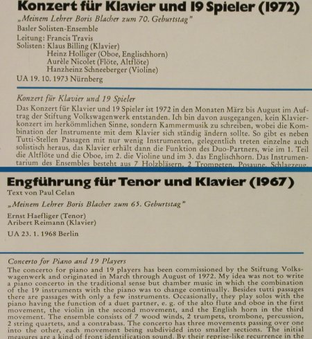 Reimann,Aribert: Konzert f.Klavier & 19 Spieler/Engf, Wergo(WER 60 072), D, 1974 - LP - L3422 - 20,00 Euro