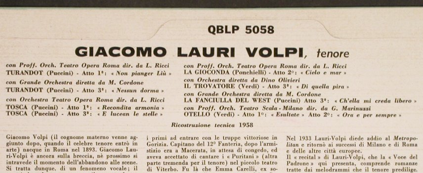 Lauri-Volpi,Giacomo: Recital-Puccini,Verdi, La Voce Del Padrone(QBLP 5058), I, Ri, 1958 - 10inch - L3687 - 14,00 Euro