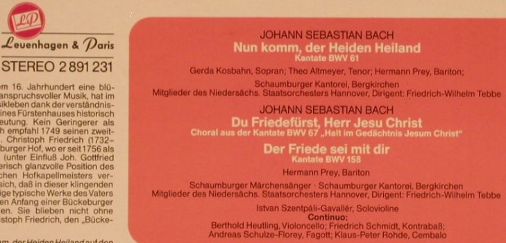 Bach,Johann Sebastian: Bückeburger Schloßkonzert,BWV61,158, Schwann/Leuenhagen&Paris(2891 231/90010), D,  - LP - L4392 - 5,00 Euro
