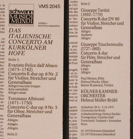 V.A.Das italienische Concerto am: KurKölner Hofe, Schwann(VMS 2045), D, 1975 - LP - L4423 - 7,50 Euro