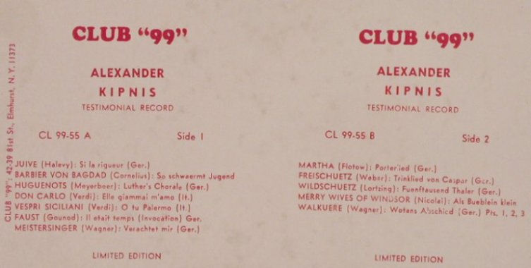 Kipnis,Alexander: Testimonial Record, Lim.Ed., Club 99(CL 99-55), US,  - LP - L4546 - 9,00 Euro