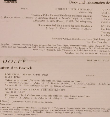 V.A.Flauto Dolce-Duo u.Triosonaten: des Barock.Telemann,Schickhardt,Pez, Bärenreiter/Musicaphon(BM 30 L 1510), D,Mono, 1961 - LP - L4603 - 6,00 Euro
