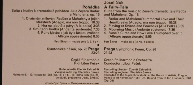 Suk,Josef: Praga / A Fairy-Tale, Supraphon(1110 3389 ZA), CZ, 1983 - LP - L5300 - 7,50 Euro