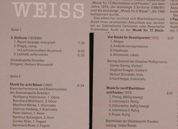 Weiss,Manfred: 3.Sinfonie,Musik für 8 Bläser..., Nova(8 85 290), DDR, 1988 - LP - L5496 - 20,00 Euro