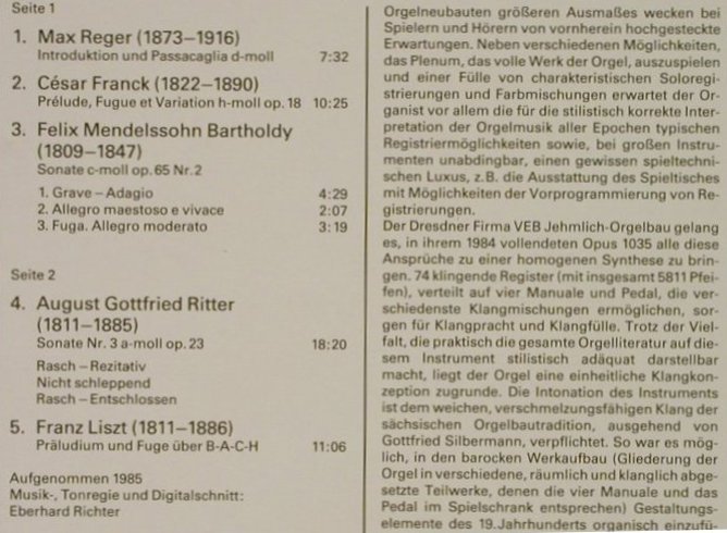 V.A.Jehmlichorgel d.Schausp.Berlin: Reger,Franck,Medelssohn,Ritter,Lisz, Eterna(7 25 069), DDR, 1987 - LP - L5570 - 5,00 Euro