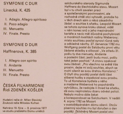 Mozart,Wolfgang Amadeus: Symfonie,Linecka,Haffnerova,k.425,, Supraphon(1110 2806), CZ, 1980 - LP - L5889 - 6,00 Euro