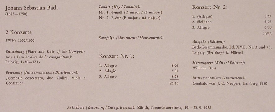Bach,Johann Sebastian: Konzert für Cembalo,Streicher&Conti, Archiv,BWV1052/53(198 013), D,  - LP - L6143 - 7,50 Euro