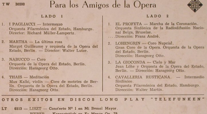 V.A.Para los Amigos de la Opera: I Pagliacci...Cav.Rusticna, vg+/vg+, Telefunken(TW 30200), Uruguaya,  - 10inch - L6511 - 3,00 Euro