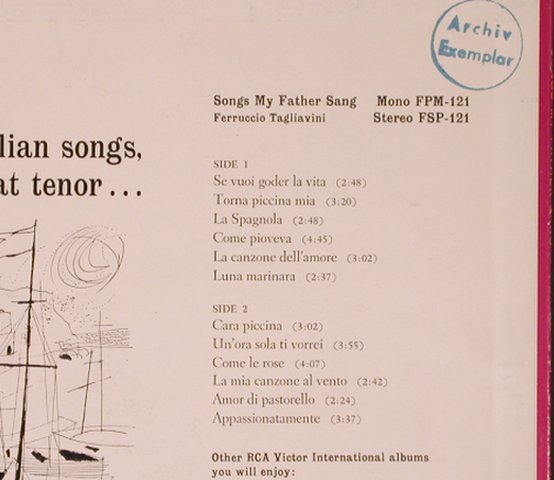 Tagliavini,Ferrucio: Songs My Father Sang,Mono,vg+/vg+, RCA Victor(FPM-121), US, stoc,  - LP - L6542 - 5,00 Euro