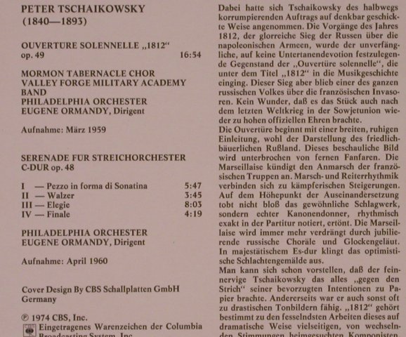 Tschaikowsky,Peter: Ouvertüre 1812  op.49/op.48, CBS(CBS 61 441), D, 1974 - LP - L6902 - 5,00 Euro