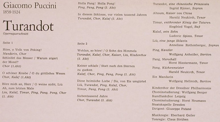 Puccini,Giacomo: Turandot-Querschnitt, Eterna(8 26 435), DDR, 1974 - LP - L7069 - 5,00 Euro