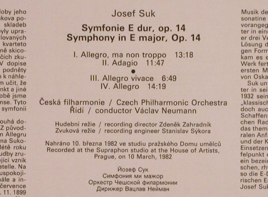 Suk,Josef: Symphony in e-dur,op.14, Supraphon(1110 3390 ZA), CZ, 1984 - LP - L7770 - 7,50 Euro